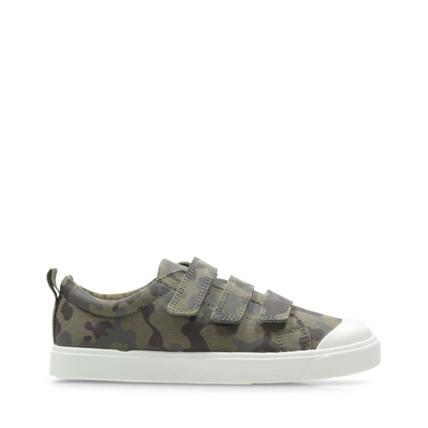 Clarks Girls City Flare Lo Kid Canvas Olive Camo | CA-3160594